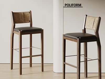 POLIFORM Modern Wooden Bar Stools With Black Seat Cushions And Backrest Design 3d model