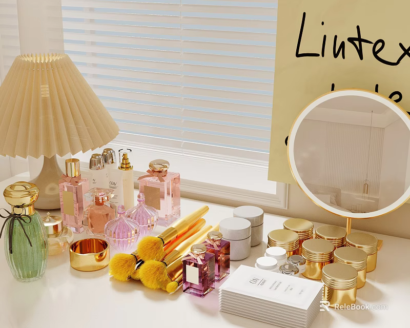 Perfumes And Cosmetics On Vanity Table With Lamp And Mirror 3d model