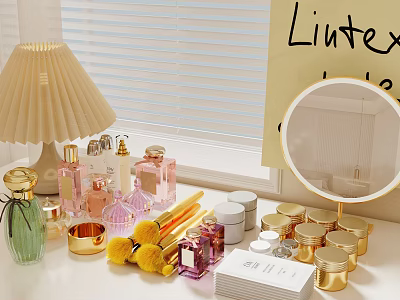 Perfumes And Cosmetics On Vanity Table With Lamp And Mirror 3d model