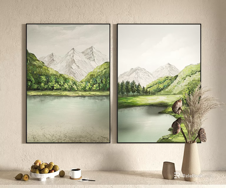 Two Panel Scenic Landscape Paintings With Green Hills Lake And Mountains 3d model