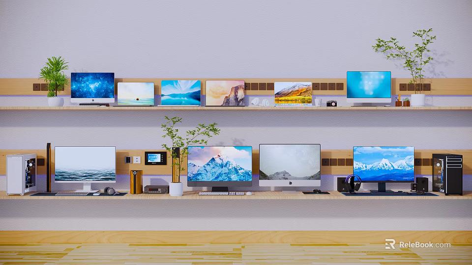 Multiple Computer Monitors Showcased on Shelves with Various Screen Displays and Decorative Plants 3d model 