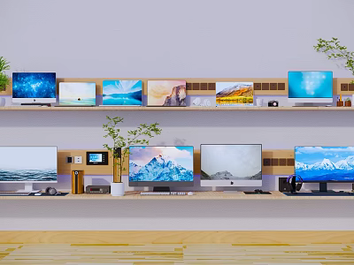 Multiple Computer Monitors Showcased on Shelves with Various Screen Displays and Decorative Plants 3d model