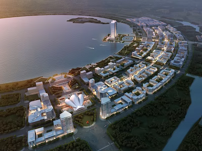 Aerial Master Plan of Lakefront Modern Buildings Green Spaces and Road Networks 3d model