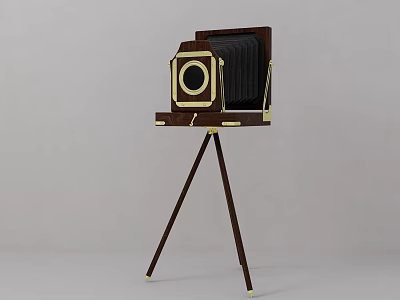 Vintage Wooden Camera On Tripod With Classic Design And Brass Accents Details 3d model