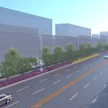 Wide Municipal Road With Two Way Lanes Yellow Dividing Lines Street Lights Trees And Vehicles