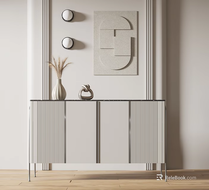 Modern Interior Console Table And Side Cabinet With Vase Artwork And Wall Lamps 3d model