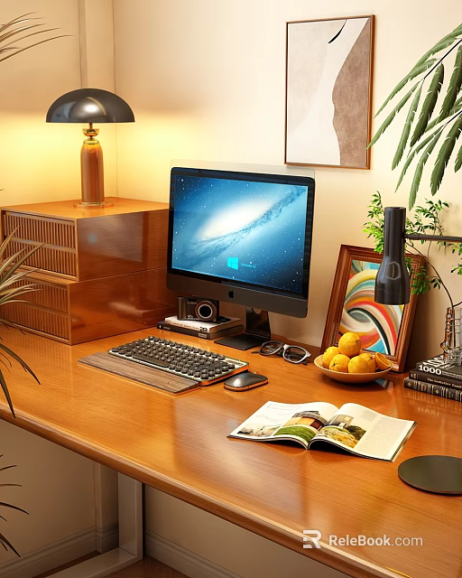 Decorative Ornament Combination On Wooden Desk Featuring Computer Keyboard Lamp Photo Frame And Lemons 3d model 
