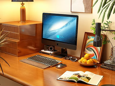 Decorative Ornament Combination On Wooden Desk Featuring Computer Keyboard Lamp Photo Frame And Lemons 3d model