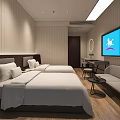 Modern Hotel Guest Room Interior With Comfortable Bed Wall-Mounted TV Desk Chair And Wooden Walls