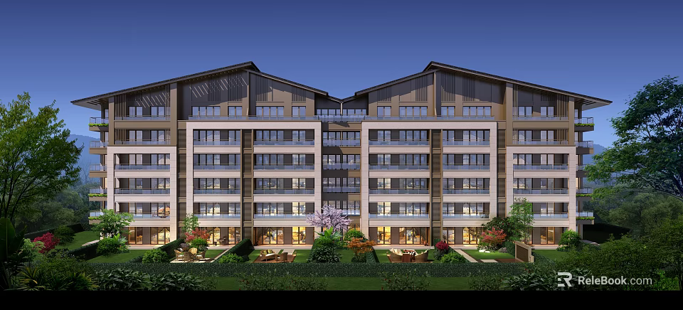 Modern Multi Story Residential Building Exterior With Green Landscaping And Courtyard 3d model 