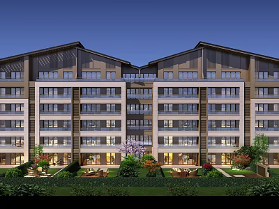 Modern Multi Story Residential Building Exterior With Green Landscaping And Courtyard 3d model