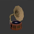 Vintage Electronic Gramophone With Brass Horn Wooden Base And Vinyl Record