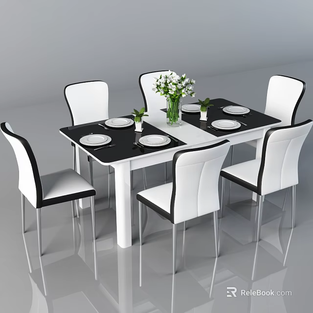 Modern Black and White Dining Table Set with Six Chairs Vase and Dinnerware 3d model
