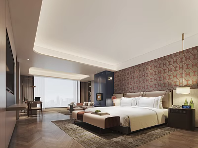 Luxury Hotel Guest Room Modern Interior With Large Bed Decorative Wall City View And Carpet 3d model