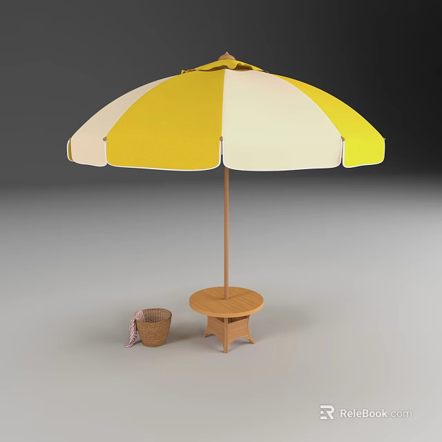 Yellow And White Striped Patio Umbrella With Small Round Wooden Table And Basket With Towel 3d model 