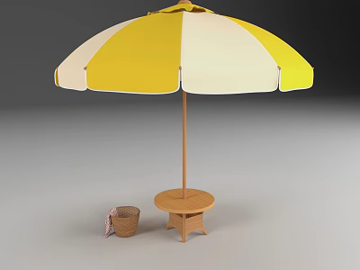 Yellow And White Striped Patio Umbrella With Small Round Wooden Table And Basket With Towel 3d model