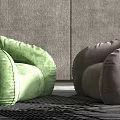 Green and Peach Bean Bag Chairs in Modern Living Room Interior with Plants