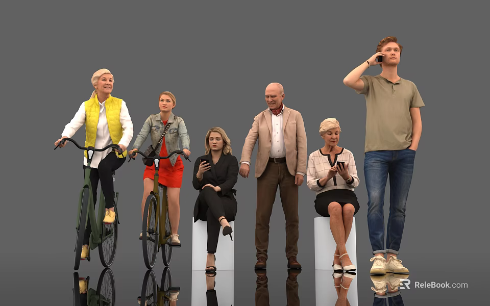 Group of People Bicycling Sitting Standing and Talking on Phone in Casual Outfits 3d model 