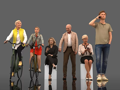 Group of People Bicycling Sitting Standing and Talking on Phone in Casual Outfits 3d model