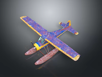 Aerospace Themed Seaplane Model With Blue Purple Cosmic Patterns Yellow Nose Red Floats 3d model