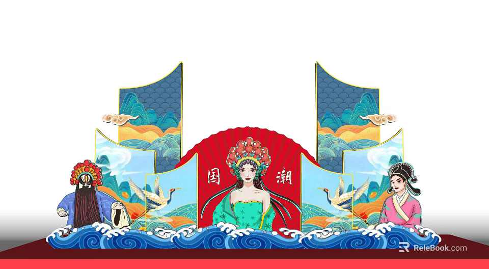 Traditional Chinese Opera Characters Artwork with Landscape Screen and Cranes Design 3d model 
