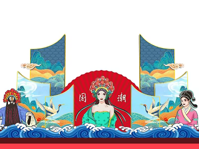 Traditional Chinese Opera Characters Artwork with Landscape Screen and Cranes Design 3d model