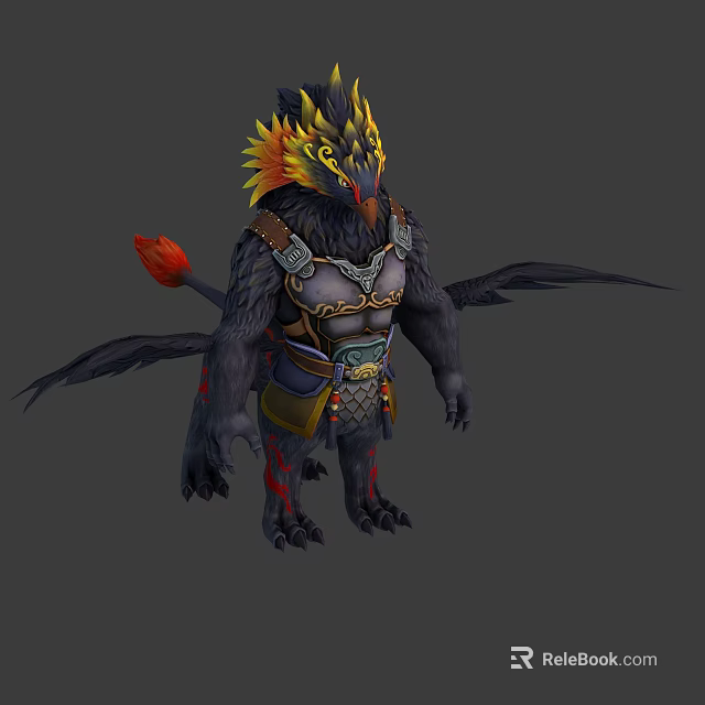 Mythical Creature Character With Feathered Crest Bird Head Wolf Body Black Wings And Red Tail 3d model 