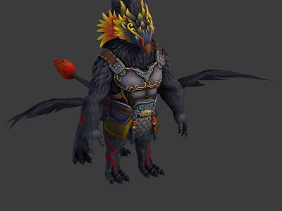 Mythical Creature Character With Feathered Crest Bird Head Wolf Body Black Wings And Red Tail 3d model