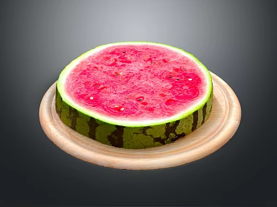 Sliced Watermelon With Red Flesh Black Seeds Green Rind On Wooden Plate Gray Background 3d model