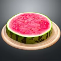Sliced Watermelon With Red Flesh Black Seeds Green Rind On Wooden Plate Gray Background