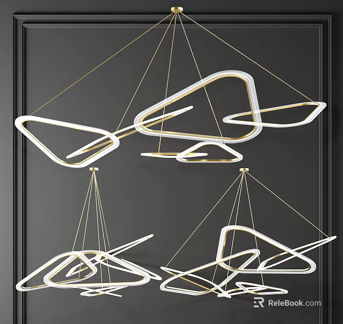 Modern Geometric Chandelier with Irregular White Light Frames Hanging on Black Background 3d model