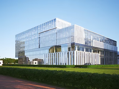 Modern Glass Facade Office Building With Contemporary Design Green Lawns And Sunlit Exterior 3d model