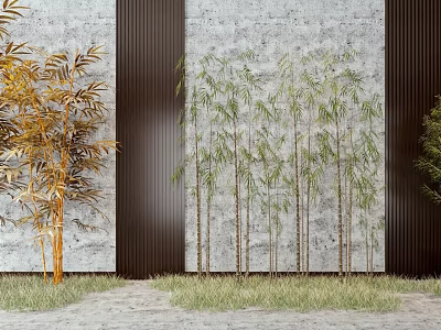 Green and Yellow Bamboo Plants Against Gray Wall with Dark Vertical Panels and Grass Lawn 3d model