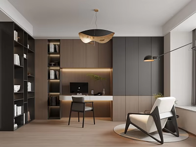 Modern Minimalist Living And Dining Room With Built In Study Space And Comfortable Lounge Chairs 3d model