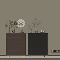 Poliform Minimalist Entryway Console And Side Cabinets With Brown Dark Gray Drawers And Decorative Items