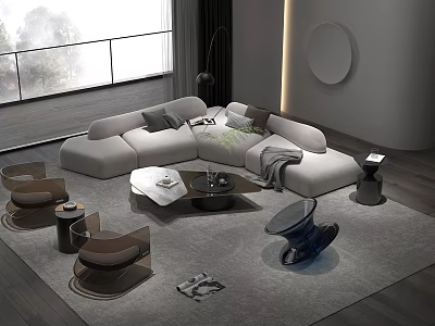 Modern L shaped Sofa and Coffee Table Set with Armchairs Area Rug and Decorative Plants 3d model