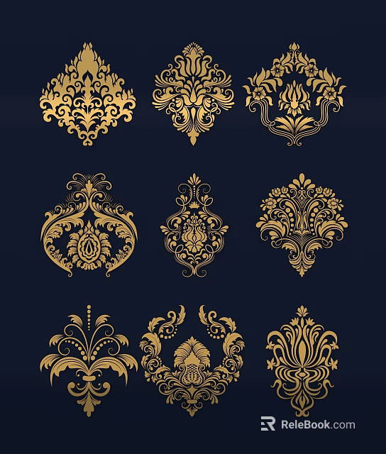Gold Wall Decor with Ornate Patterns on Navy Blue Background and Multiple Designs 3d model