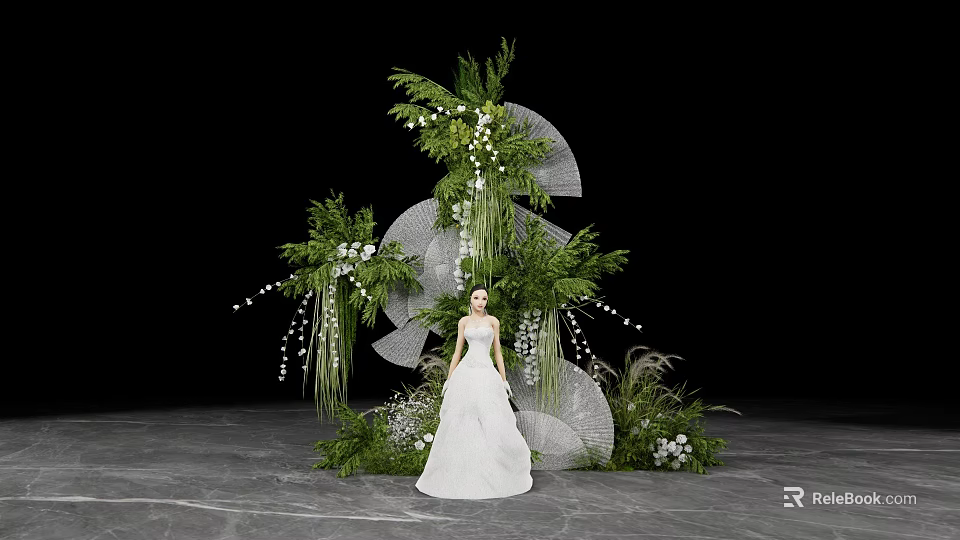 Elegant Wedding Floral Installation With Bride Green Plants White Flowers Hanging Lights 3d model 