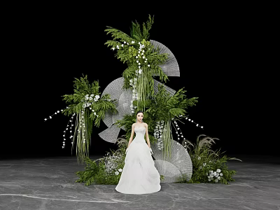Elegant Wedding Floral Installation With Bride Green Plants White Flowers Hanging Lights 3d model