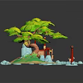 Traditional Japanese Architecture With Torii Gate On Small Island And Green Tree Blue Water
