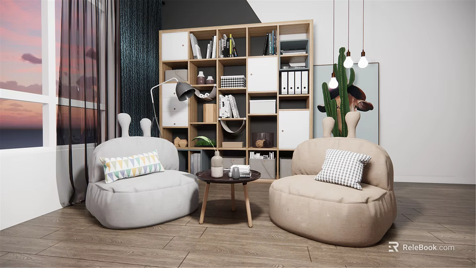 Modern Casual Sofa Set With Two Bean Bag Sofas Colorful Pillows And Small Round Table 3d model