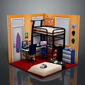 Colorful Bedroom Interior Design With Bunk Bed Desk Computer Orange Walls Windows And Blue Cabinet