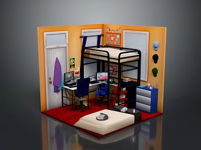 Colorful Bedroom Interior Design With Bunk Bed Desk Computer Orange Walls Windows And Blue Cabinet 3d model