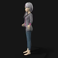 Woman With Long Gray Hair Wearing Pink Top Gray Cardigan Blue Jeans Barefoot On Black