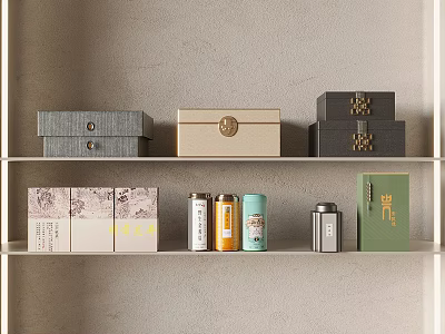 Traditional Tea Set Collection On Shelf With Decorative Boxes And Storage Cans 3d model