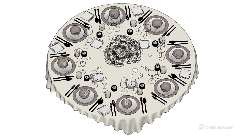 Elegant Round Dining Table Setting With White Tablecloth Cutlery Wine Glasses Candles And Floral Centerpiece 3d model 