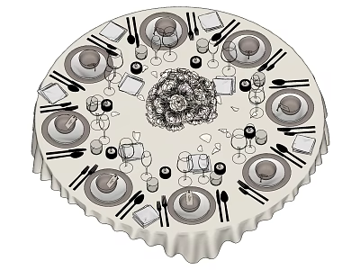 Elegant Round Dining Table Setting With White Tablecloth Cutlery Wine Glasses Candles And Floral Centerpiece 3d model