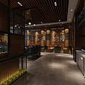 Modern Chinese Restaurant Interior With Wooden Ceiling Lanterns Blue Seats Black Partitions Marble Dining Tables