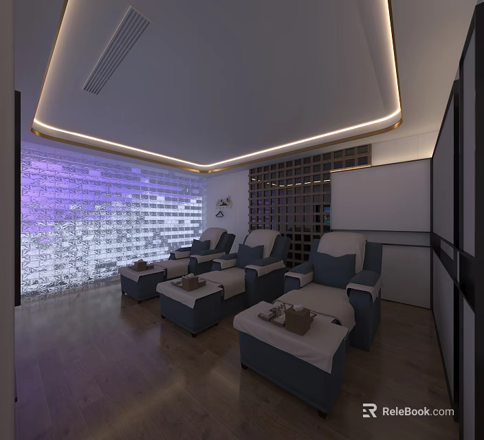 Elegant SPA Sauna Interior With Purple Lit Glass Block Wall Wooden Loungers And Light Strips 3d model 