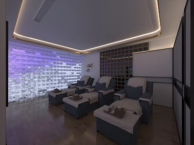 Elegant SPA Sauna Interior With Purple Lit Glass Block Wall Wooden Loungers And Light Strips 3d model